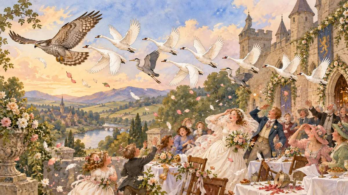 A grand goshawk leading seven white swans and grey herons swooping over a castle wedding party, gently scattering it.