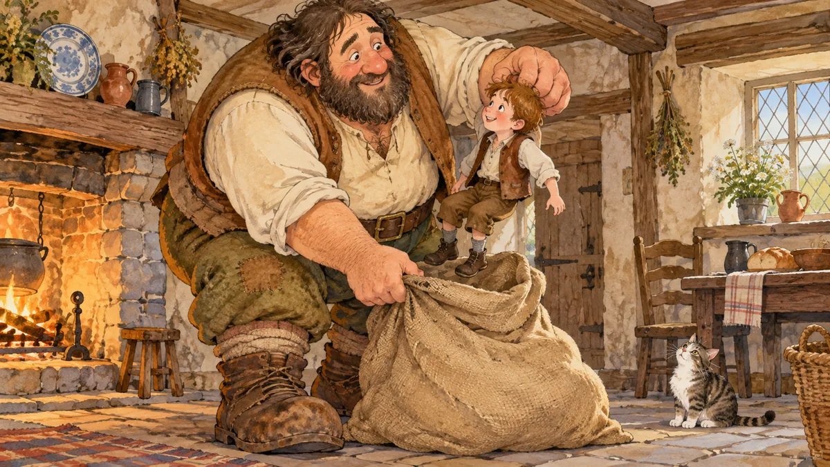 A comic roly-poly gentle giant, Mr Miacca, lifting a small boy from a big sack in a rustic cottage, friendly and not scary.