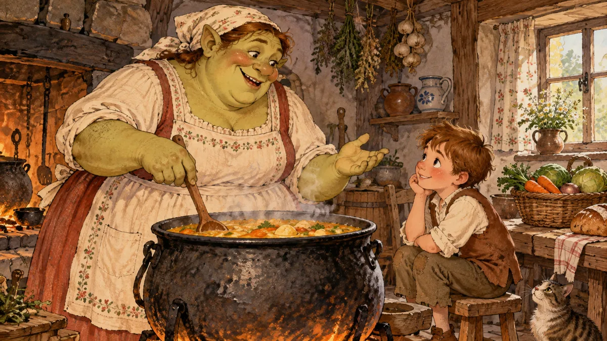 A plump kindly ogre-wife in an apron chatting with a small boy beside a big cooking pot in a cottage kitchen.