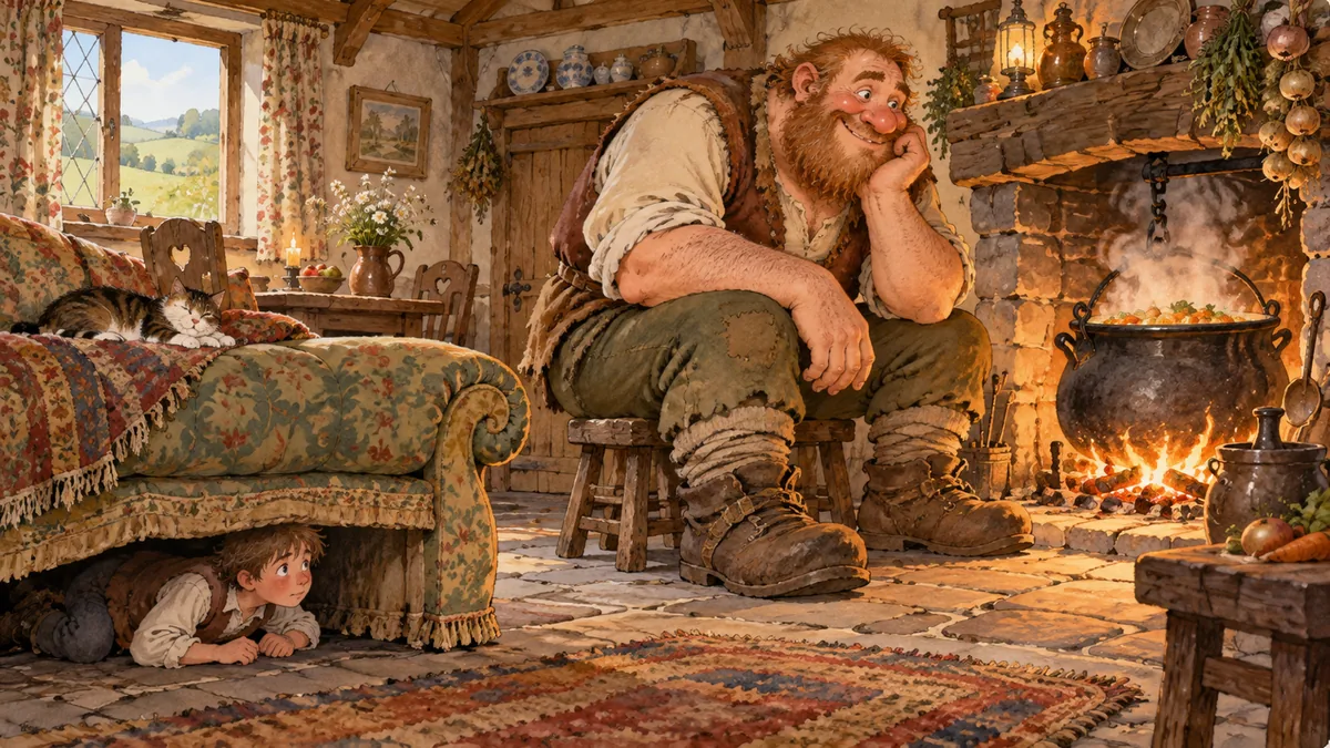 A small boy hiding under a sofa while a jolly round giant sits waiting for a big pot to boil by the hearth.