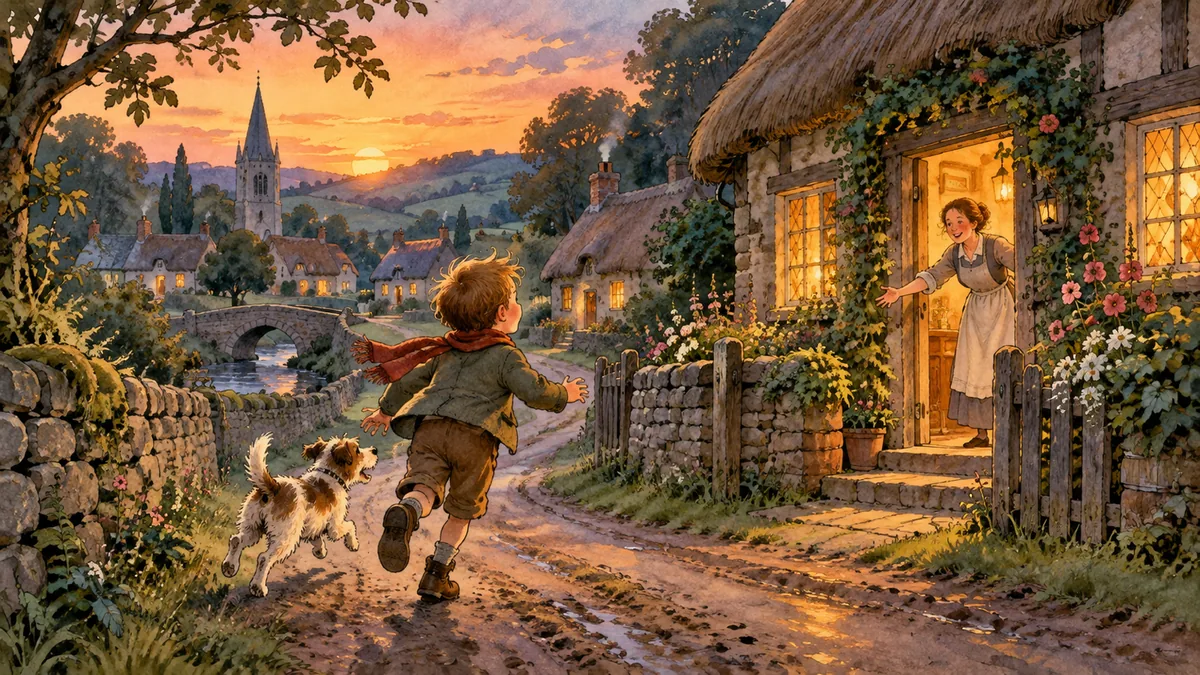 A small boy joyfully running home down a village lane at dusk toward a warm lit cottage.