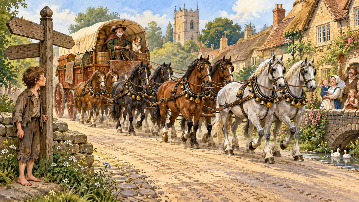 A poor ragged little boy standing by a wooden signpost as a great waggon with eight bell-decked horses passes through an English village.