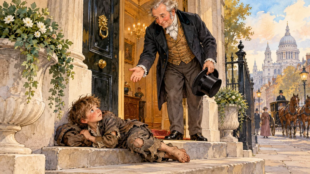 A hungry ragged boy lying on the doorstep of a rich merchant's grand London house, a kindly merchant looking down at him.