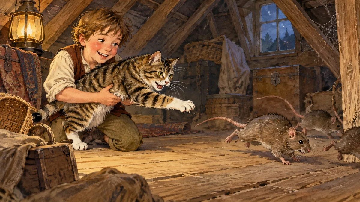 A boy in a dim attic garret happily holding his tabby cat as it chases rats away.