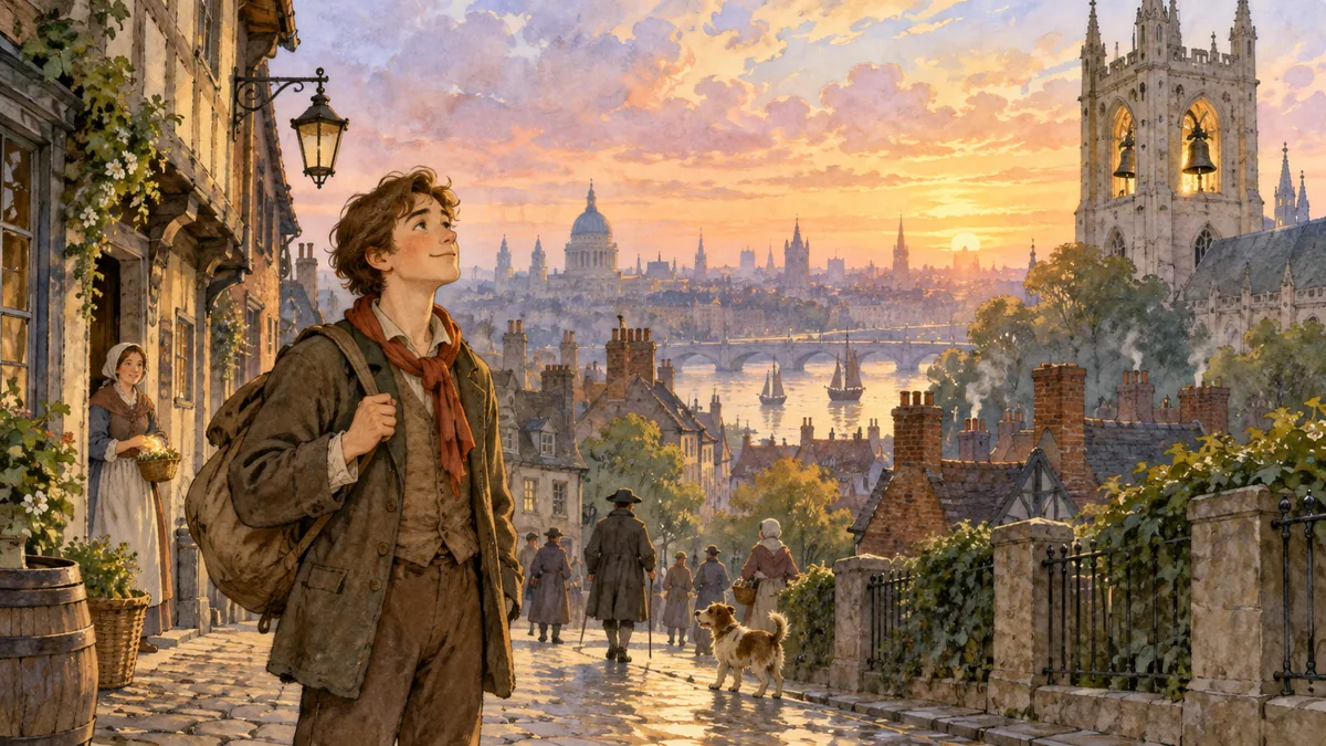 A young man pausing on a London road at dawn, listening hopefully to church bells ringing over the rooftops.
