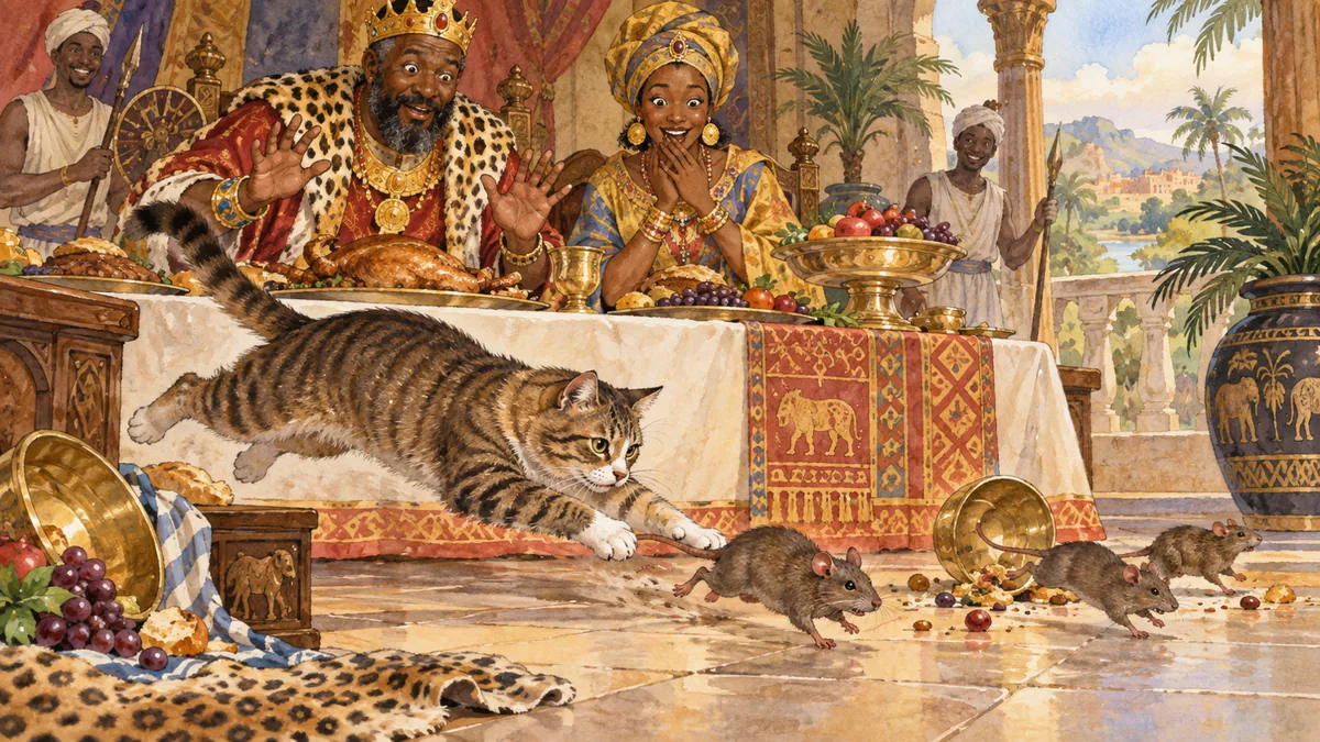 A tabby cat pouncing on rats before an astonished African king and queen at a royal banquet table.