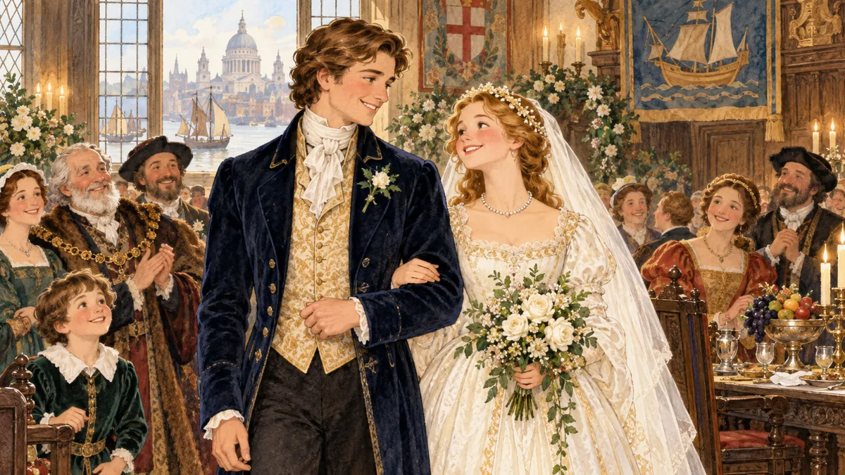 The boy grown into a handsome well-dressed gentleman beside his bride in a fine London merchant's hall.