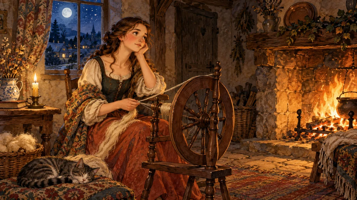 A woman spinning at her reel by a cosy fireside at night, wishing for company, a single candle glowing.