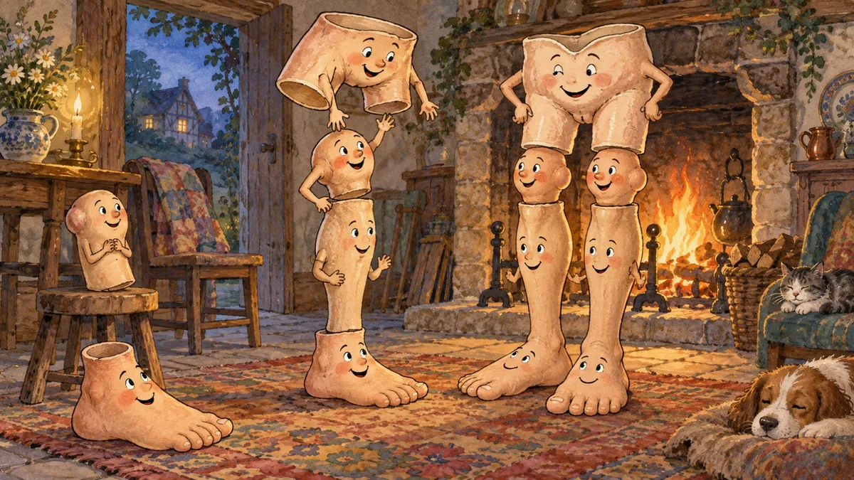 Comic disembodied body parts — broad feet, legs, knees and hips — whimsically stacking themselves up by a fireside, funny not frightening.
