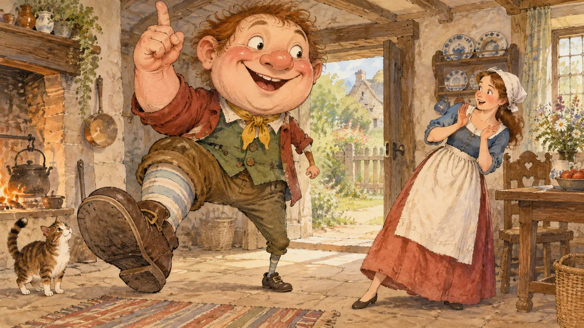 The comic assembled figure raising an arm and stamping a foot as it declares, the startled woman leaning back, playful and gentle.