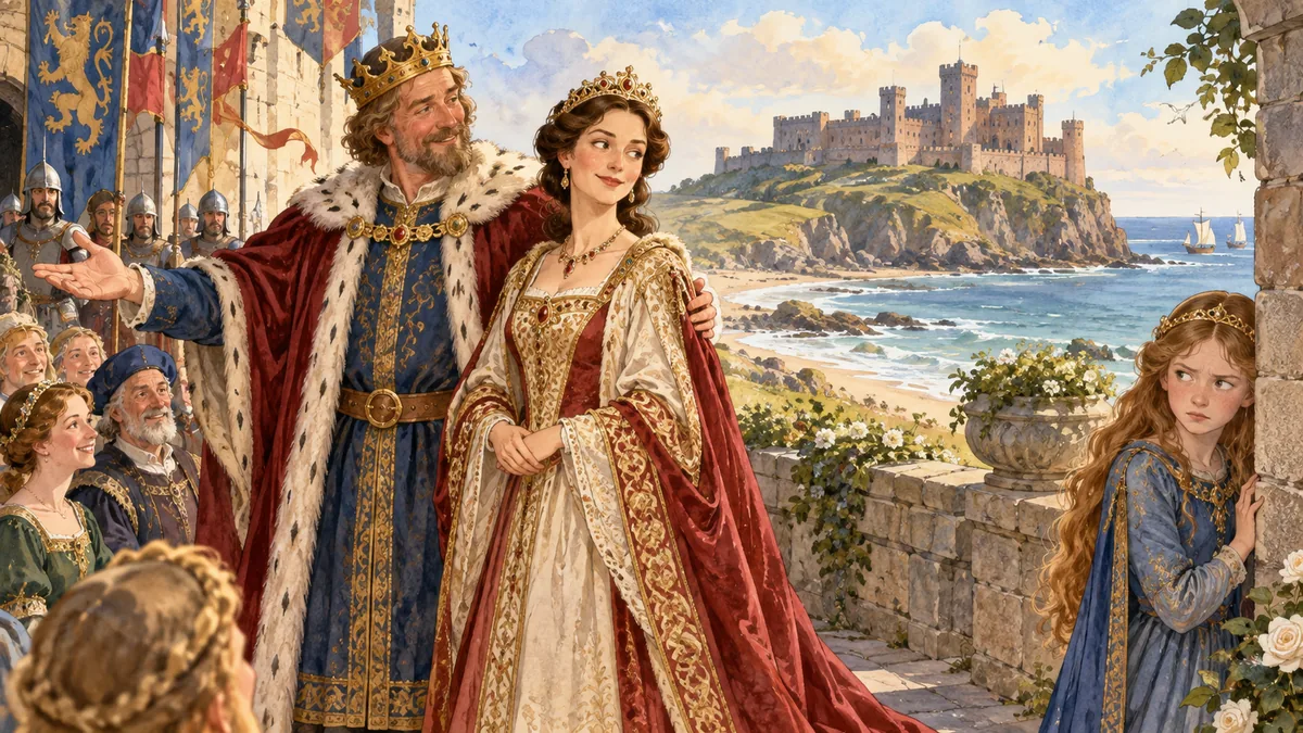 A seaside Bamborough castle where a king presents his richly dressed new queen while a young princess watches warily.