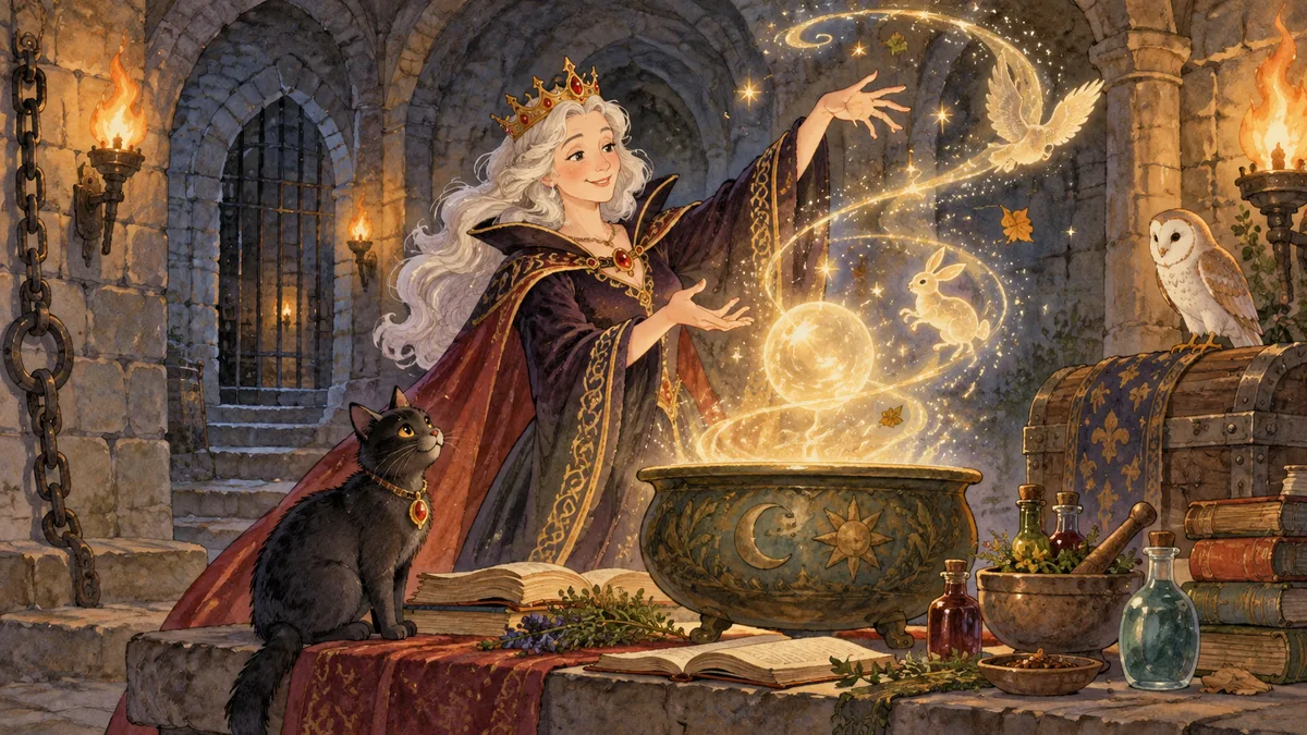 A witch-queen casting a spell in a lonely torch-lit dungeon amid swirling magic, comic rather than frightening.