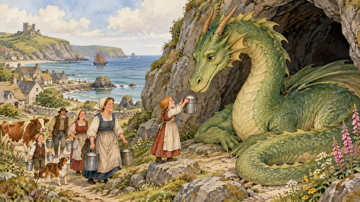 A gentle green dragon, the Laidly Worm, coiled by a cave near the sea while villagers bring pails of milk.