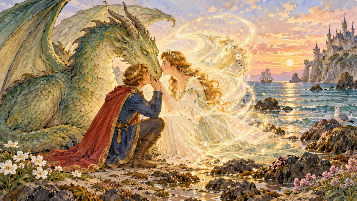 A young prince kissing a gentle dragon by the shore as it transforms into a beautiful maiden in a swirl of light.