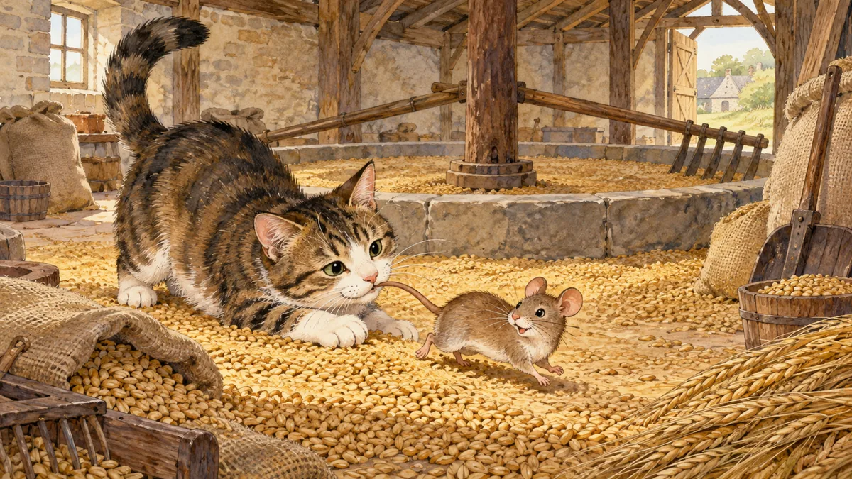 A cat and a little mouse playing together in a rustic malthouse, the cat gently nipping the mouse's tail.