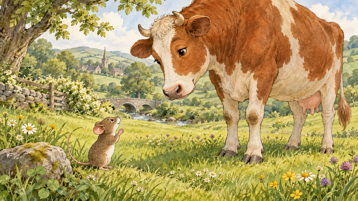 A small mouse pleading before a big gentle cow in a green meadow.