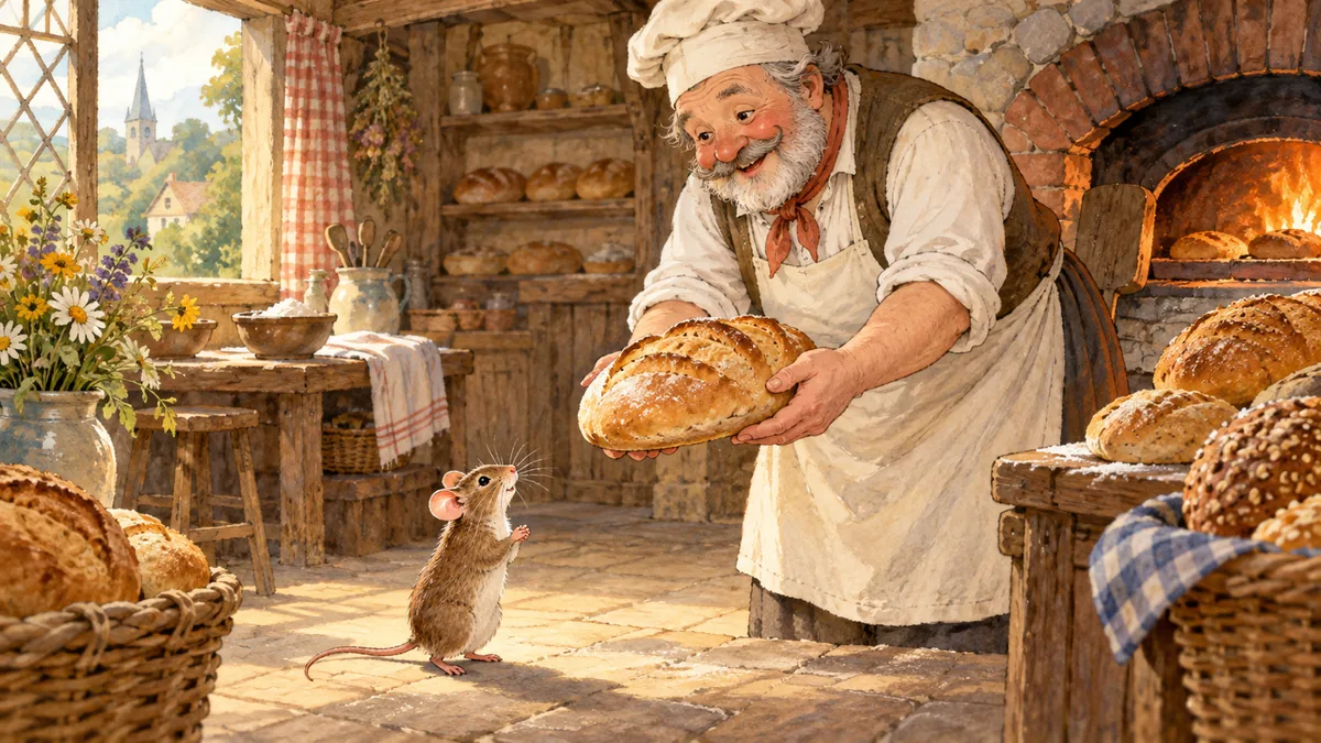 A small mouse standing before a jolly baker holding a fresh loaf of bread in a warm bakery.