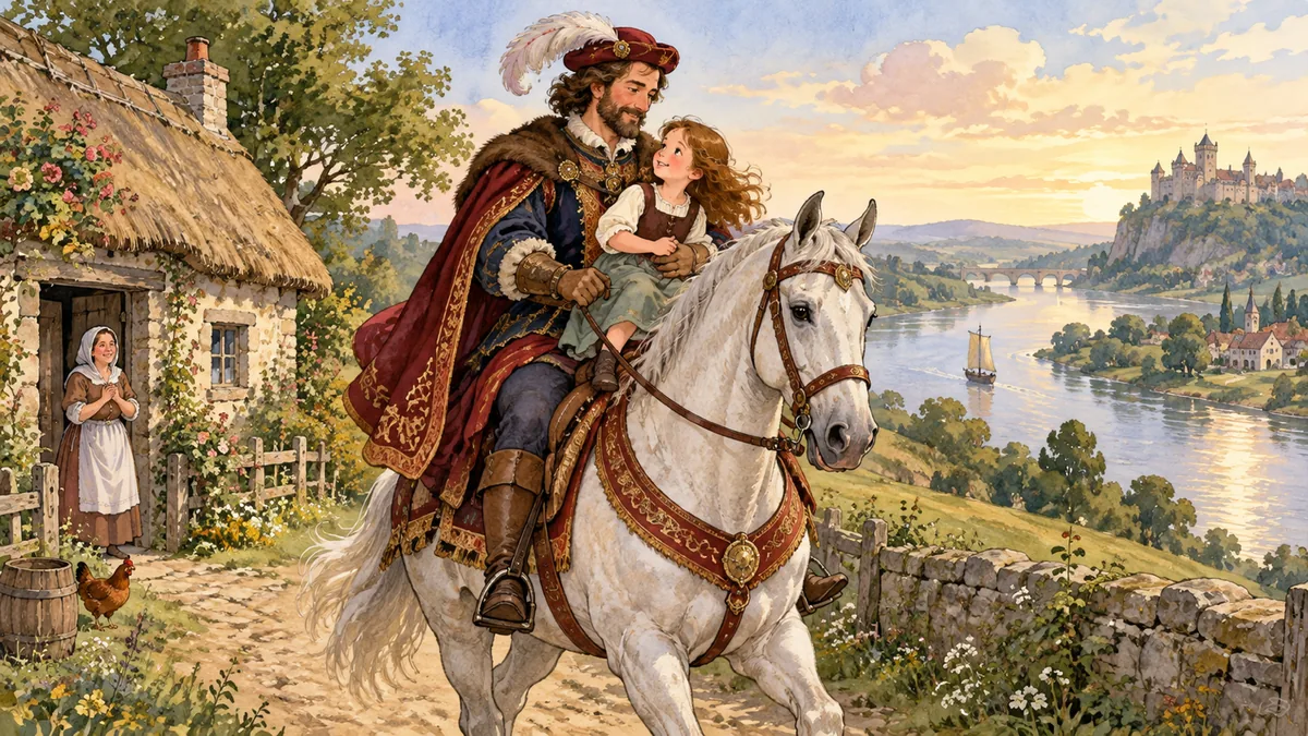 A grand baron on horseback carrying a little peasant girl away past a humble cottage, a wide river beyond.