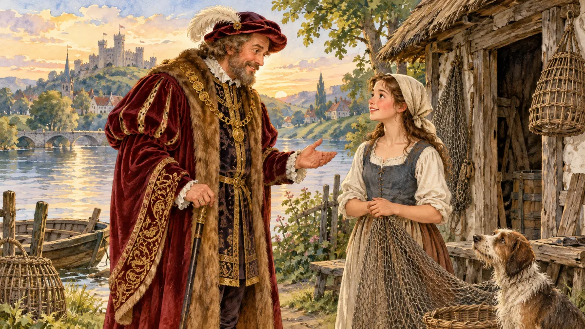 A richly dressed baron speaking to a fisherman's teenage daughter outside a humble riverside hut.