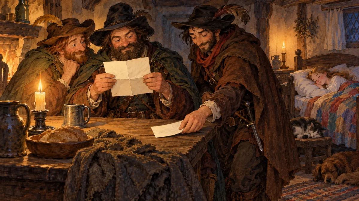 Robbers in a dim candlelit inn room reading a letter while a girl sleeps, one quietly swapping the paper.