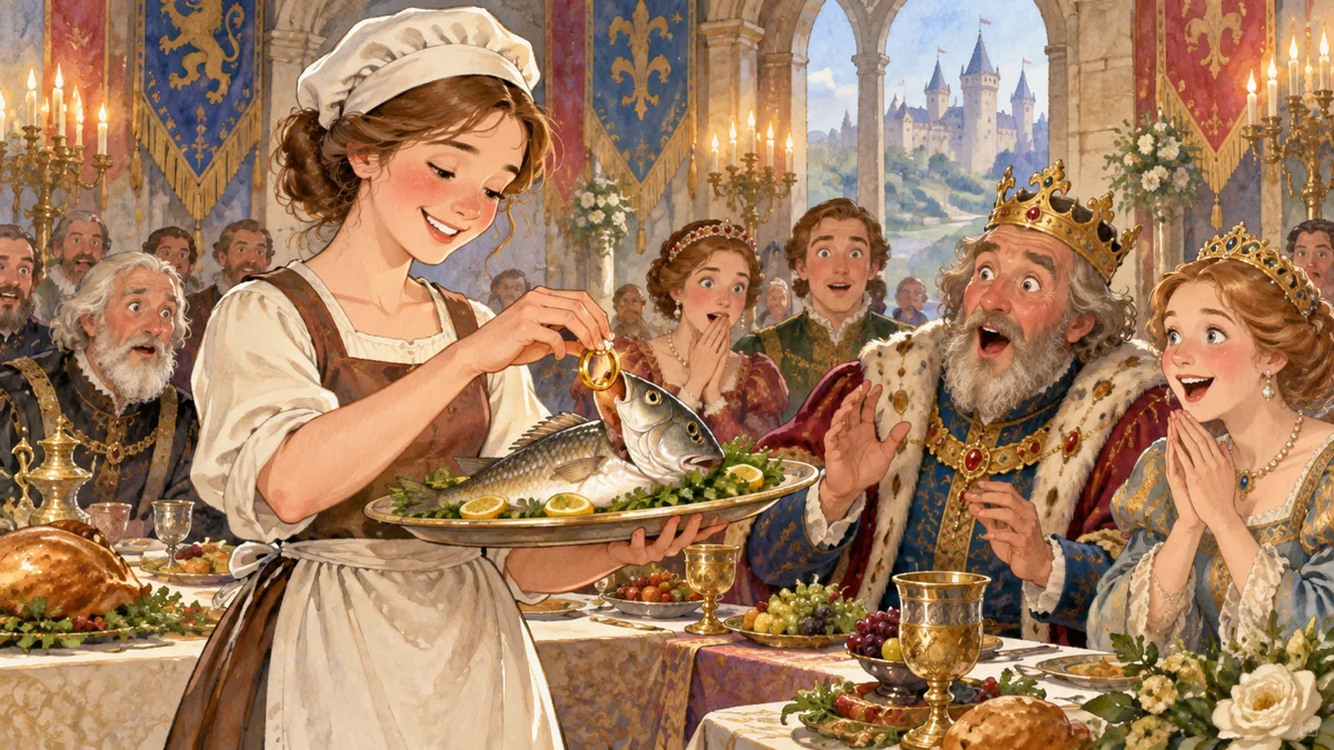 A beautiful young cook holding a fish that reveals a golden ring at a grand castle banquet, the guests amazed.