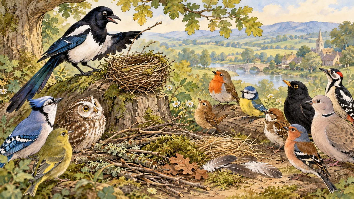 A clever magpie perched and teaching a crowd of assorted birds gathered around how to build a nest.