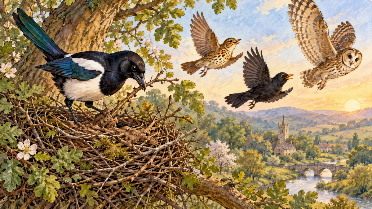 A magpie layering mud and twigs into a nest as a thrush, blackbird and owl fly off half-taught.