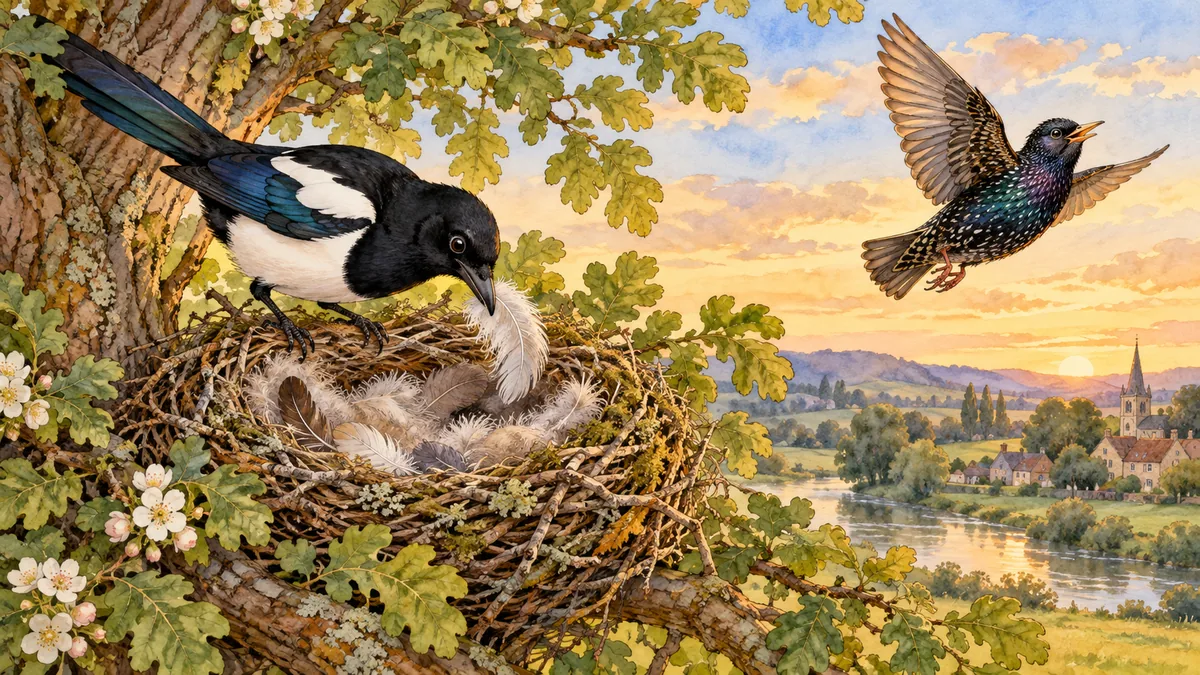 A magpie lining a cosy nest with soft feathers while a starling flies away pleased.