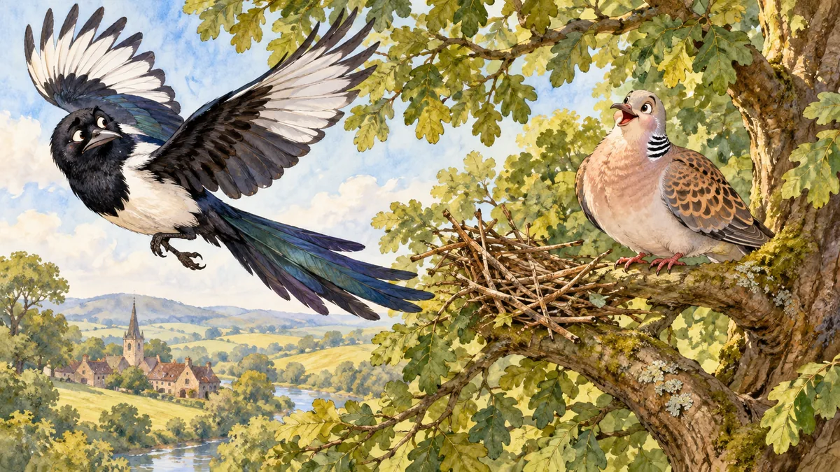A magpie flying off in a huff from a half-built nest as a silly turtle-dove coos nearby in a leafy tree.