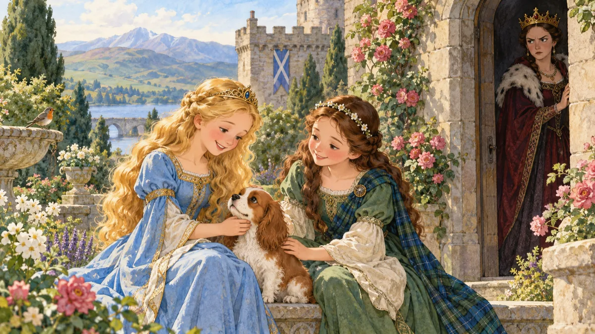 The two loving sister-princesses stand in the castle garden while the jealous queen watches.