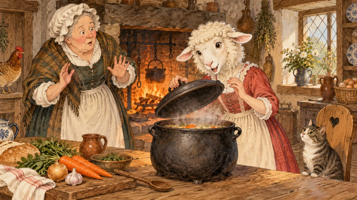 In the henwife's cottage the lifted pot lid works its comic spell and a woolly sheep's head appears.