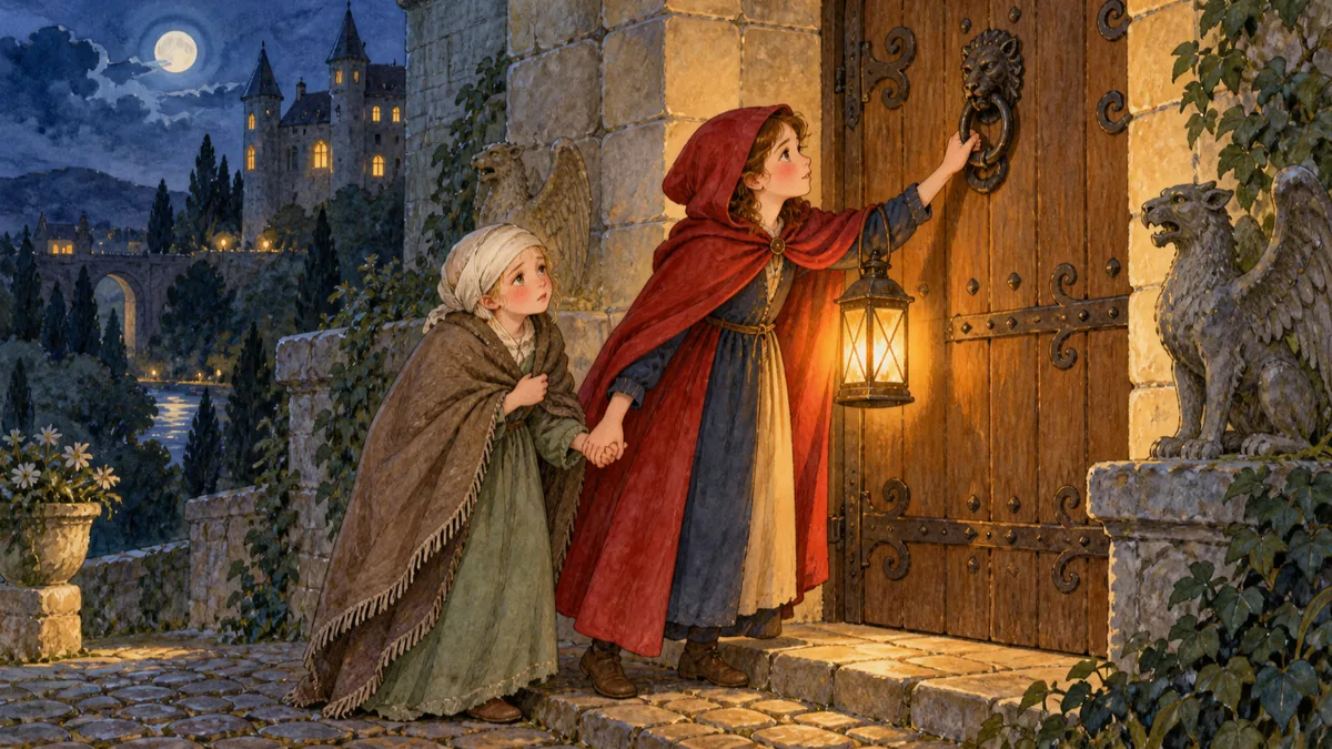 Brave Kate knocks at the castle door, leading her ailing sister wrapped in white linen.