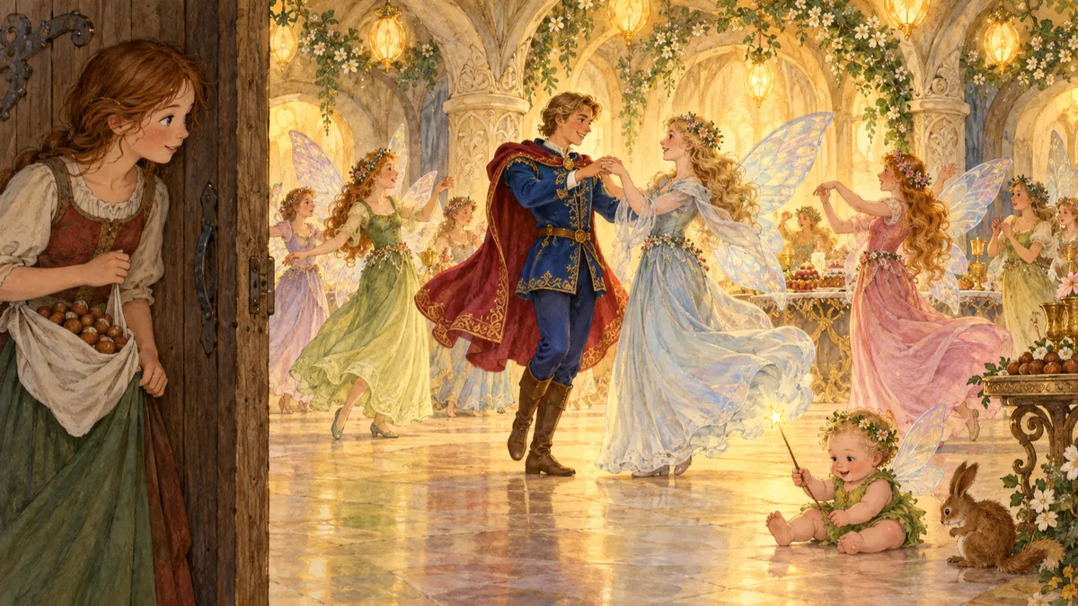Inside the green hill the prince dances with the fairies while Kate hides and watches the fairy baby.