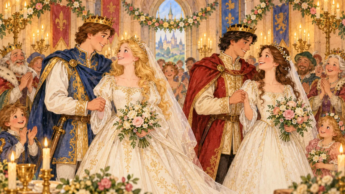 The two couples celebrate their joyful double wedding in the castle hall.