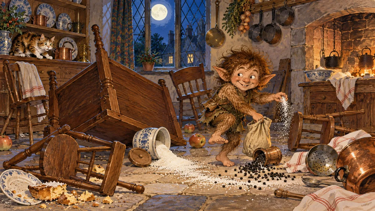 A grinning hairy brownie scatters salt and pepper across a moonlit kitchen strewn with overturned chairs and spilled crockery.
