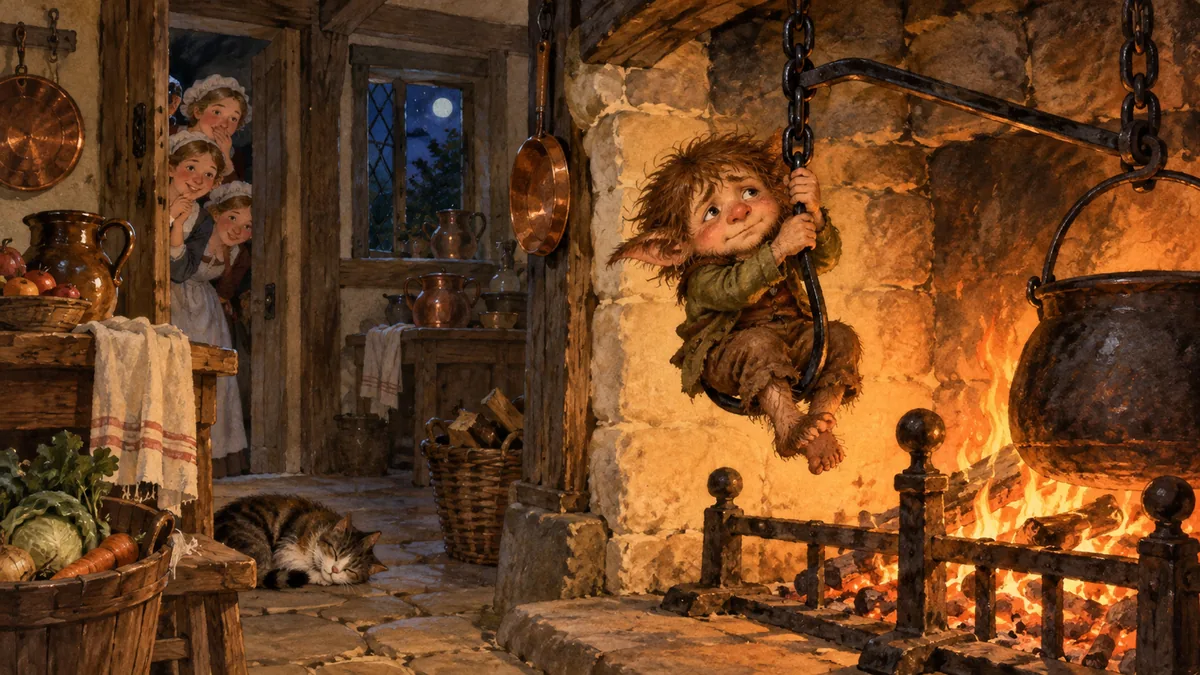 A small forlorn brownie swings on the iron crook by a blazing hearth while servants peep at him through a doorway.