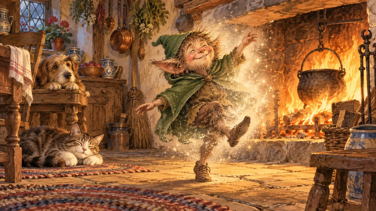 A joyful brownie in a green cloak and hood dances across a firelit kitchen amid sparkles as a cat and dog look on.