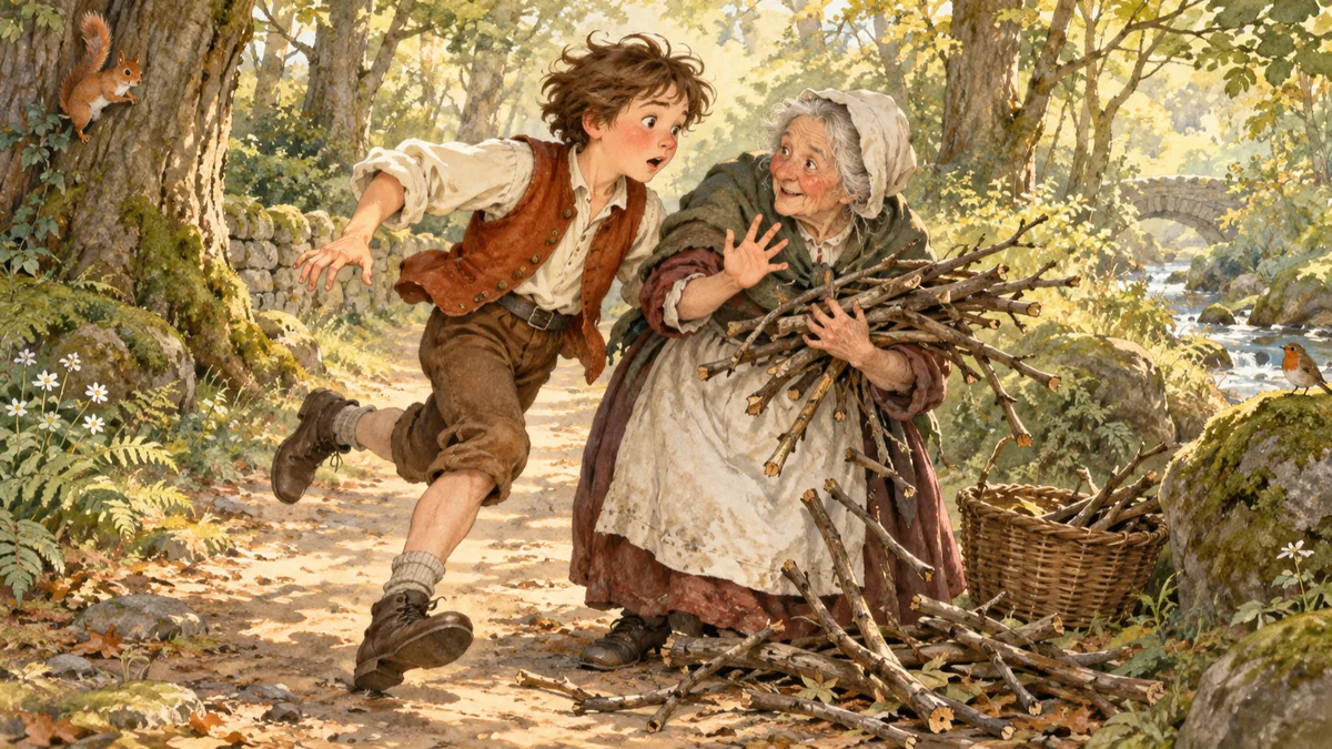 A breathless boy nearly collides with a kindly old woman carrying a bundle of sticks on a sunlit forest path.