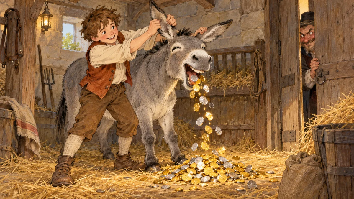A grinning boy tugs a donkey's ears in a barn as gold and silver coins spill from its mouth while a man spies from the door.