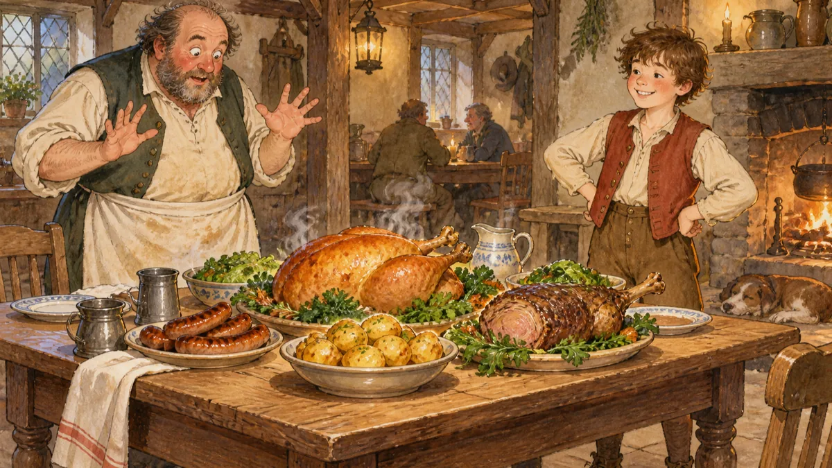 A wooden table laden with roast turkey, sausages and vegetables amazes a wide-eyed innkeeper as a boy grins nearby.