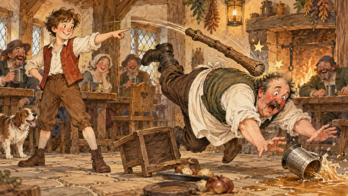 A wooden club flies through an inn to strike a tumbling innkeeper while a boy points and cheering patrons watch.