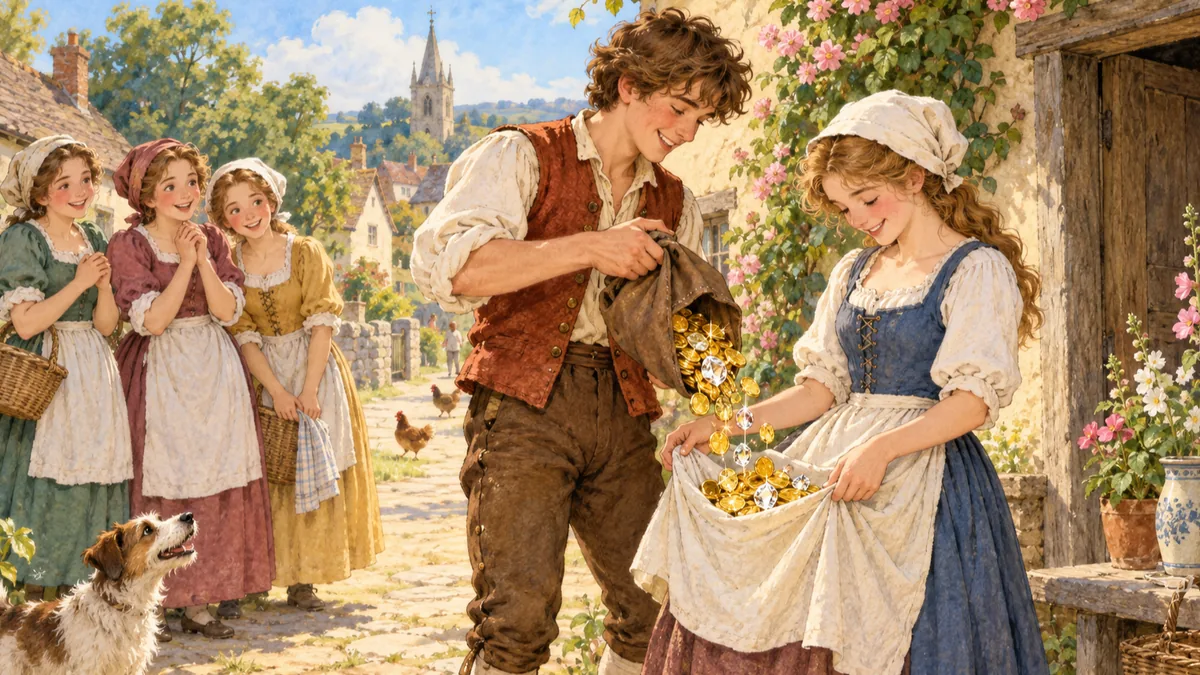 A young man pours gold coins and diamonds into a smiling girl's apron in a village lane as other girls watch enviously.
