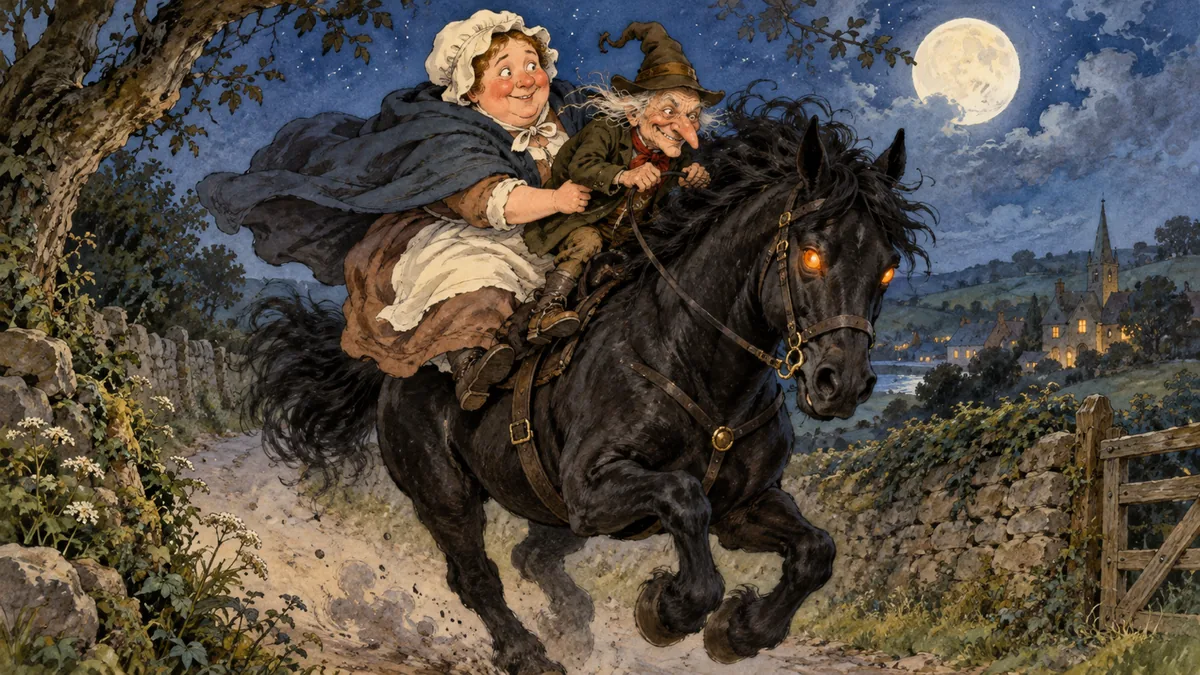 A plump nurse in a cap rides pillion on a galloping coal-black horse behind a grinning ugly old man beneath a full moon.
