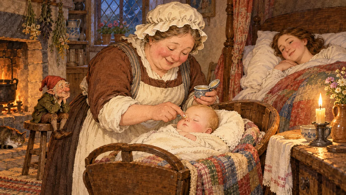 A nurse dabs ointment on a sleeping baby's eyes beside a cradle as the mother rests in bed and a little imp watches.