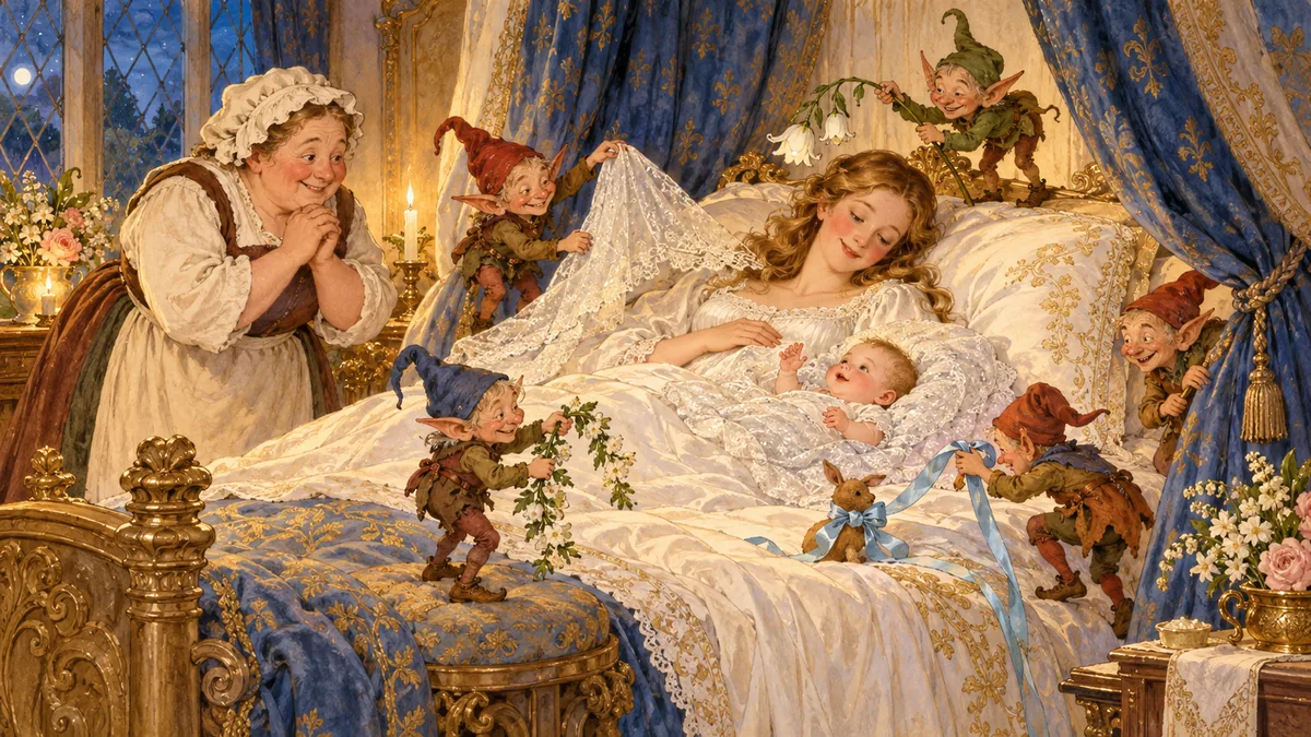 A humble room is transformed into a rich fairy bedchamber where a silk-clad lady and tiny fairies tend a radiant baby.