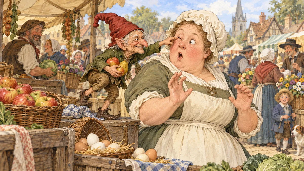 At a bustling market a red-capped pixy jabs a startled nurse's right eye beside stalls of apples and eggs.