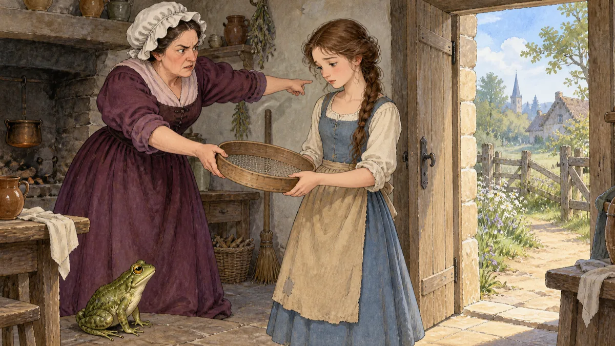 A stern stepmother thrusts a sieve at a downcast girl in a stone kitchen, pointing her out toward the open door.