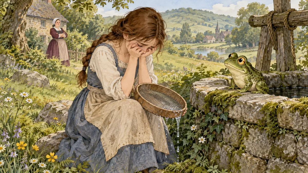 A girl weeps at a mossy well as water drains through her sieve and a large goggle-eyed frog on the rim speaks to her.