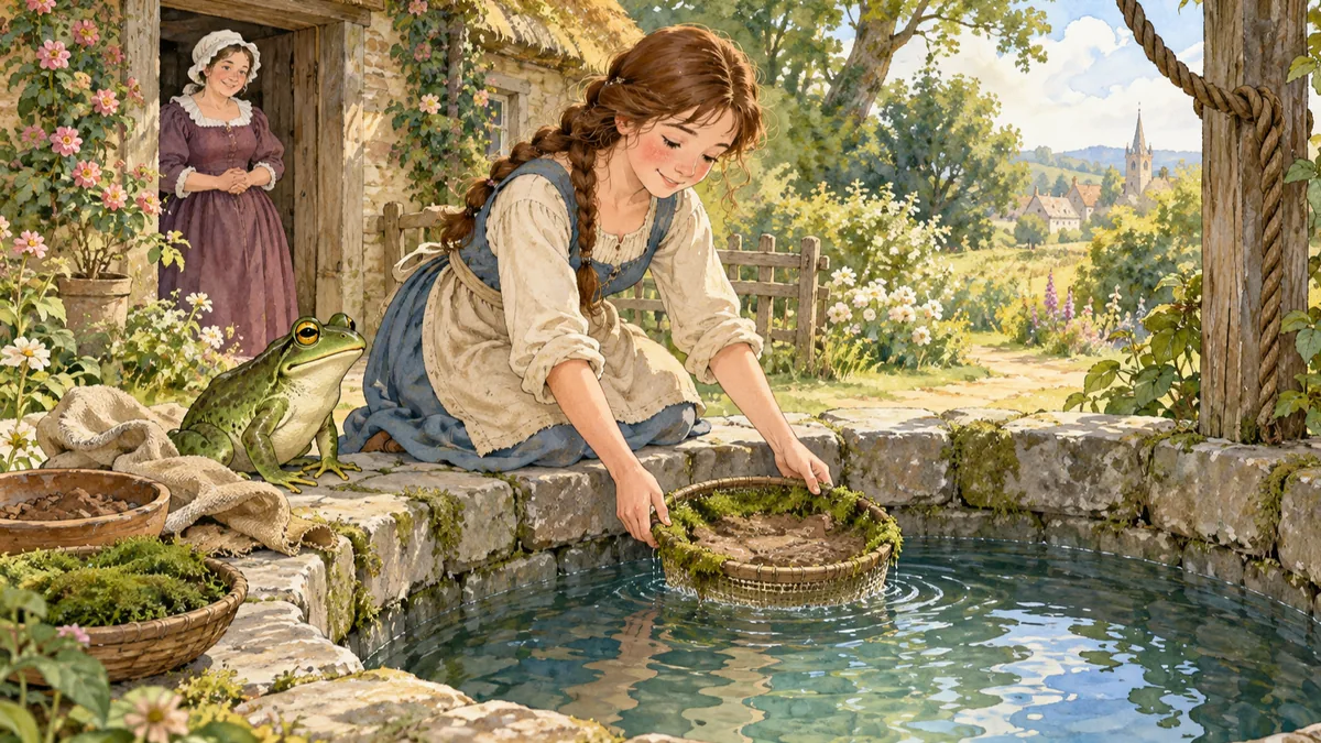 A kneeling girl seals her sieve with moss and clay and dips it into a stone well while a large frog watches nearby.