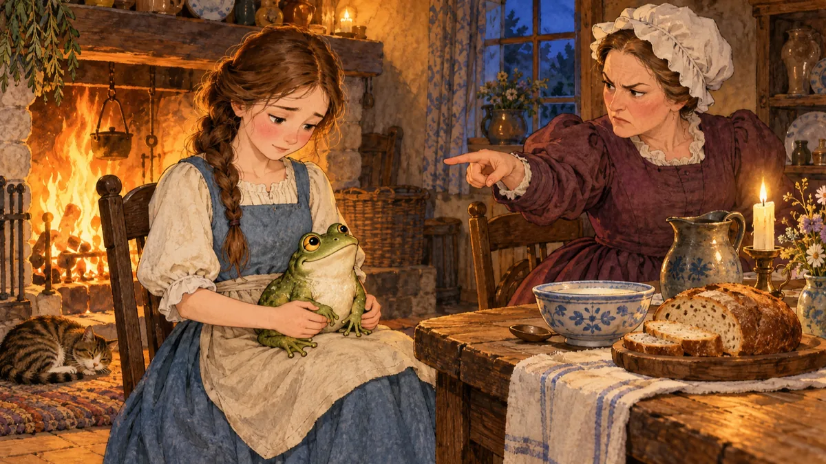 A girl reluctantly cradles a large frog on her lap by the fire while her stern stepmother points and a bowl sits on the table.